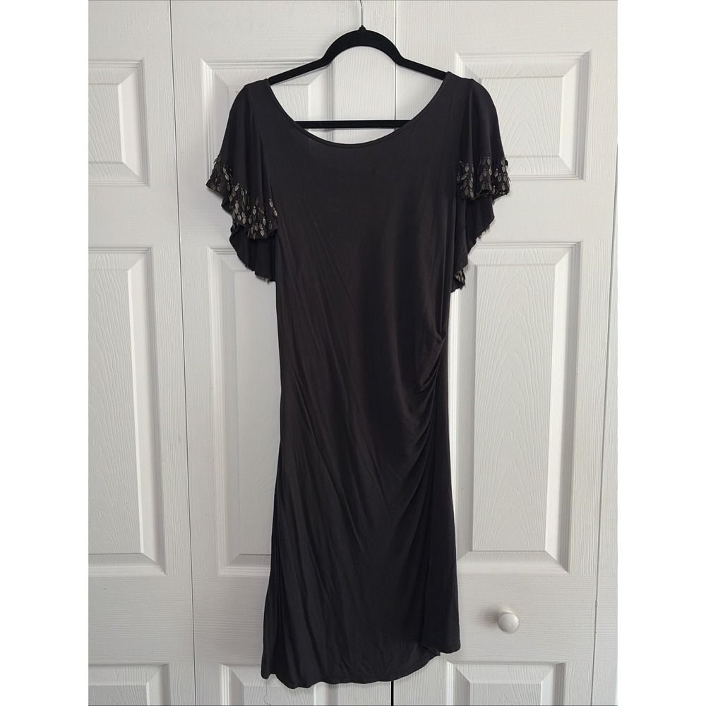 AllSaints Dimitri Dress Womens M Gray Flutter Sleeve Ruched Y2K Drape Angel Wing